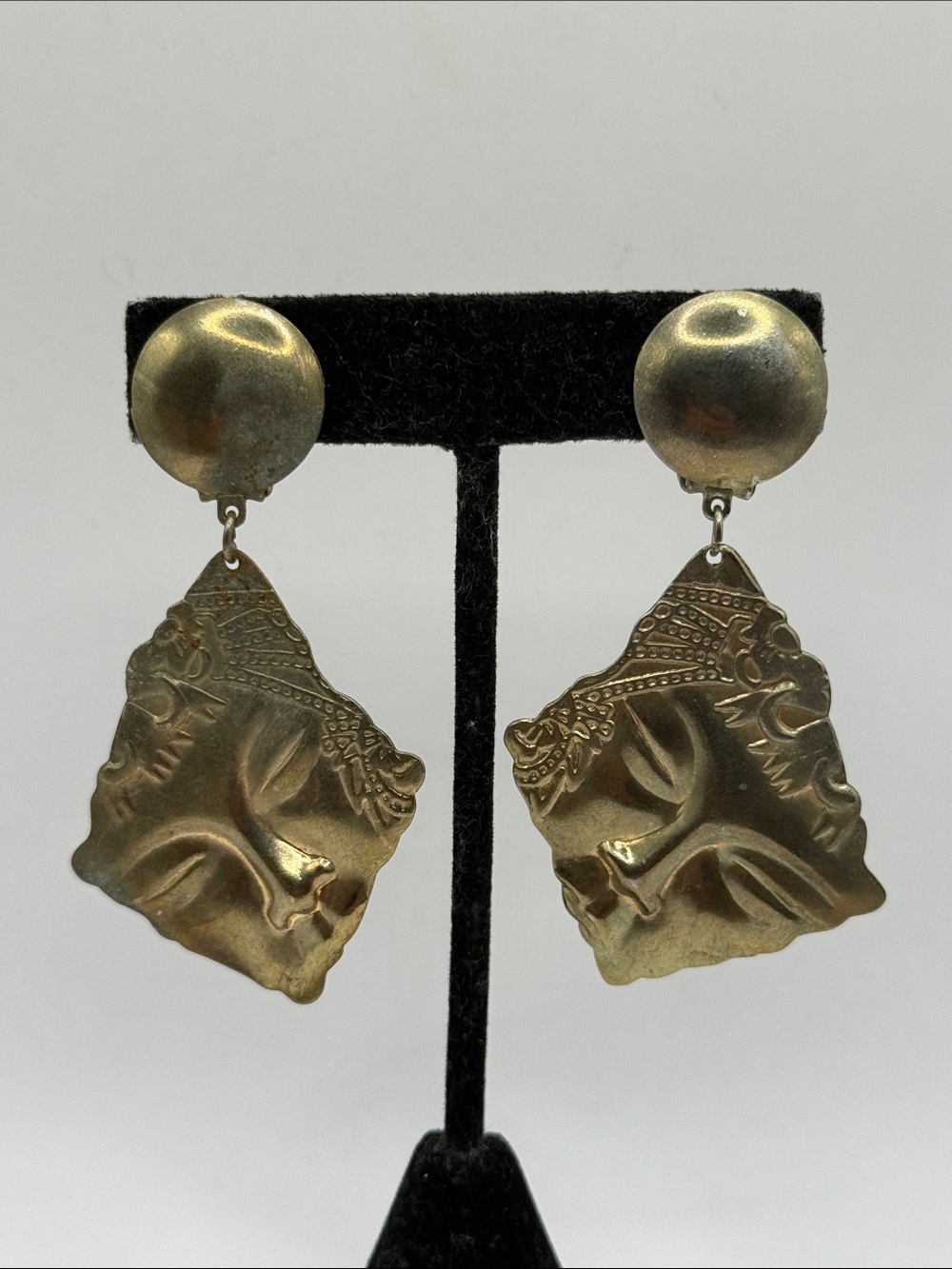 Vintage Silver Tone Face Clip On Dangle Drop Statement Earrings